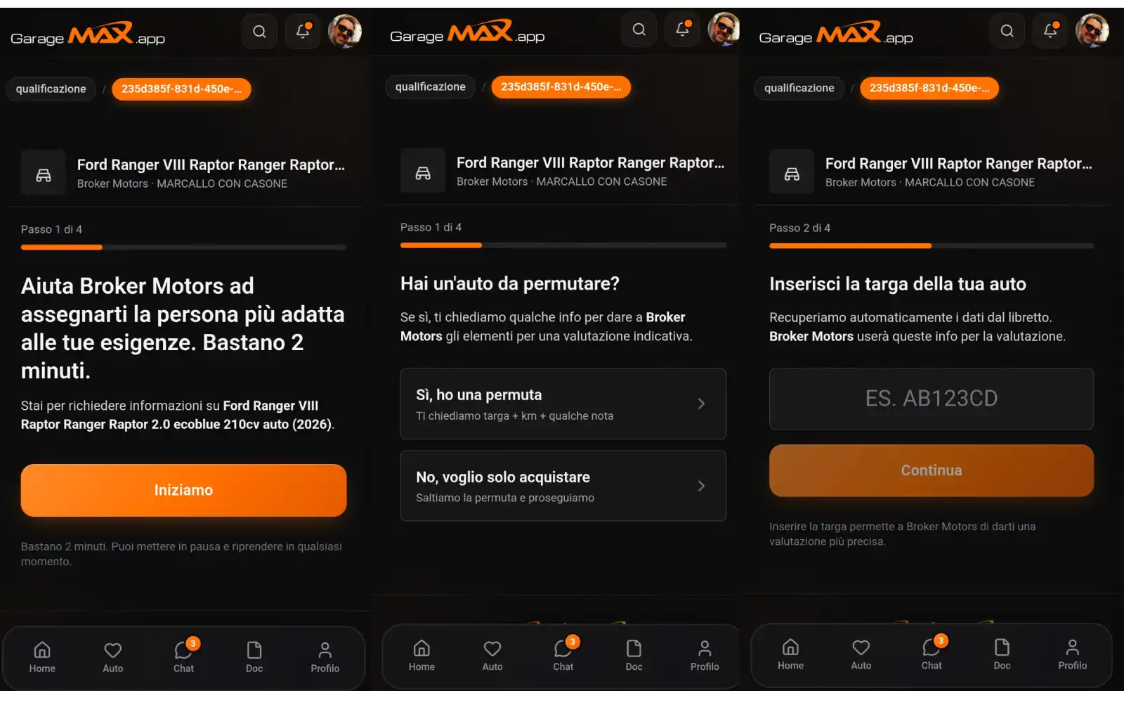 Lato cliente: il percorso di qualificazione in GarageMAX — permuta con targa Motornet, urgenza, assegnazione del venditore